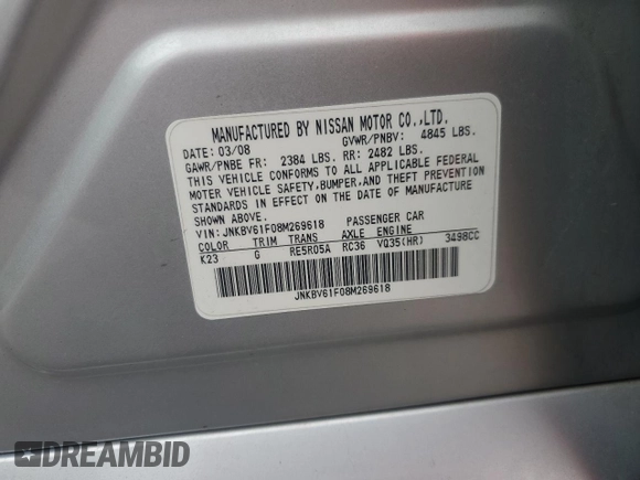 2008 Infiniti G35 x z VIN JNKBV61F08M269618, wystawiony jako Copart lot #57602695 z przebiegiem 170 178 mil mil oraz Szkoda całkowita • Salvage title. Historia ofert i sprzedaży dostępna na DreamBid. Obrazek 12.