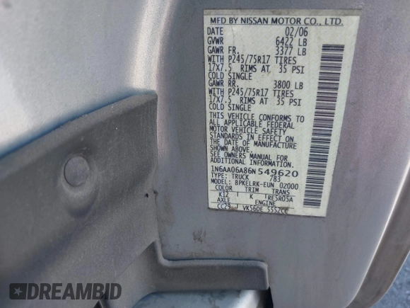 2006 Nissan Titan SE with VIN 1N6AA06A86N549620, listed as a IAAI auction lot 42828514 with 218,400 mi miles and . Bid and sale history available at DreamBid. Image 9.