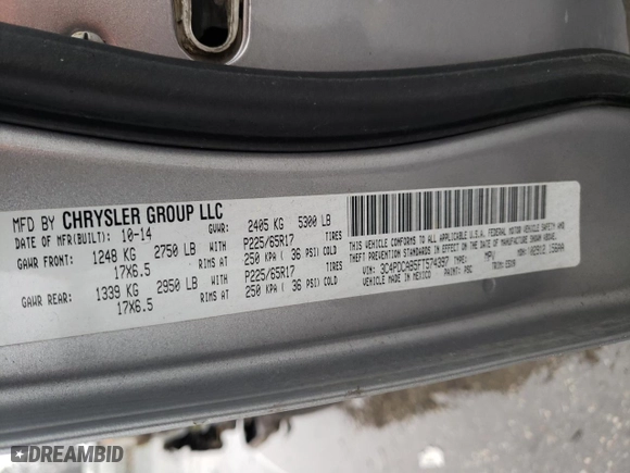 2015 Dodge Journey American Value Pkg with VIN 3C4PDCAB5FT574397, listed as a Copart auction lot 42032415 with 118,111 mi miles and Salvage Title. Bid and sale history available at carsss.com. Image 14.