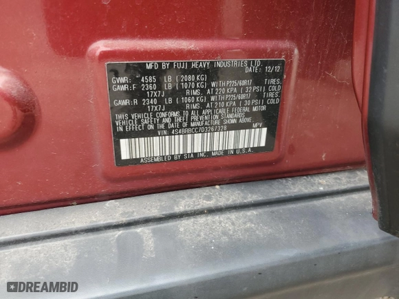 2013 Subaru Outback 2.5i Premium with VIN 4S4BRBCC7D3267328, listed as a Copart auction lot 53449085 with 194,638 mi miles and Salvage Title. Bid and sale history available at carsss.com. Image 13.