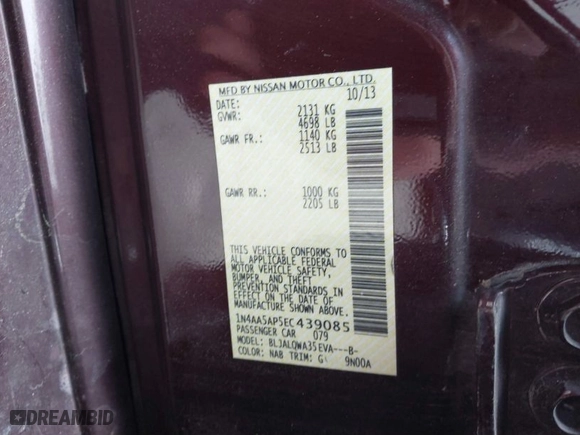 2014 Nissan Maxima 3.5 S with VIN 1N4AA5AP5EC439085, listed as a IAAI auction lot 41823382 with 131,218 mi miles. Bid and sale history available at carsss.com. Image 9.