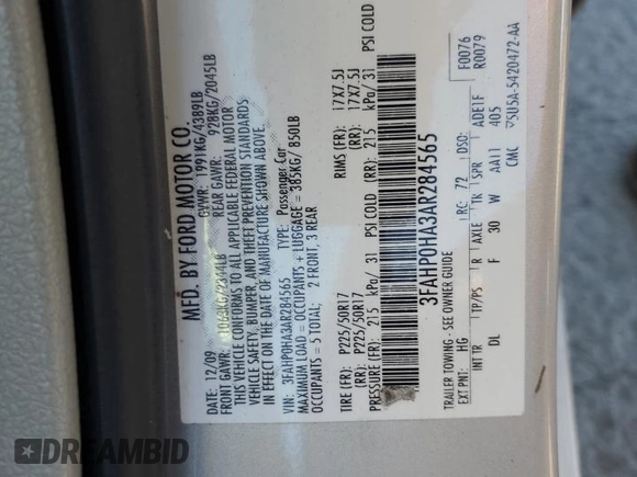 2010 Ford Fusion SE with VIN 3FAHP0HA3AR284565, listed as a Copart auction lot 41774875 with 140,893 mi miles and Salvage Title. Bid and sale history available at carsss.com. Image 12.