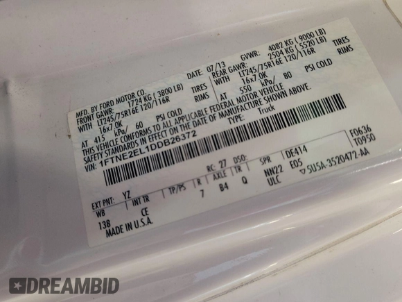 2013 Ford Econoline Cargo Commercial with VIN 1FTNE2EL1DDB26372, listed as a IAAI auction lot 42787142 with 117,378 mi miles and . Bid and sale history available at DreamBid. Image 15.