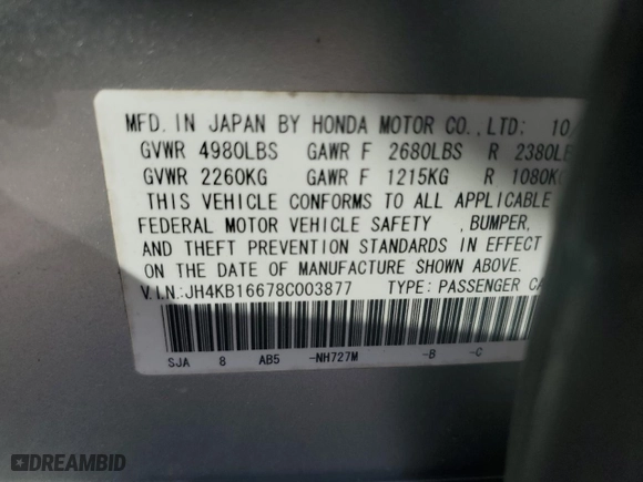 2008 Acura RL Tech Pkg with VIN JH4KB16678C003877, listed as a Copart auction lot 45499005 with NaN miles and Salvage Title. Bid and sale history available at carsss.com. Image 12.
