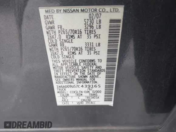2007 Nissan Frontier LE with VIN 1N6AD09U57C439165, listed as a IAAI auction lot 41880759 with 200,291 mi miles and . Bid and sale history available at DreamBid. Image 9.