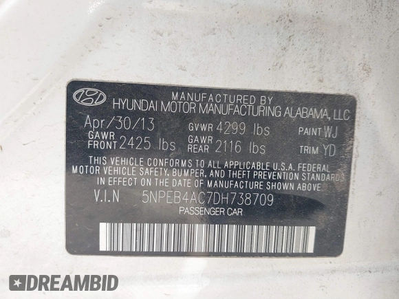 2013 Hyundai Sonata GLS with VIN 5NPEB4AC7DH738709, listed as a IAAI auction lot 41874886 with 168,667 mi miles and . Bid and sale history available at carsss.com. Image 9.