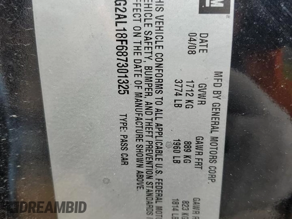 2008 Pontiac G5 with VIN 1G2AL18F687301325, listed as a Copart auction lot 45653455 with Not Provided miles and Salvage Title. Bid and sale history available at DreamBid. Image 14.