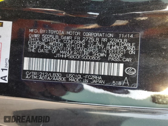 2015 Lexus RC F with VIN JTHHP5BC0F5000805, listed as a Copart auction lot 48708595 with 111,921 mi miles and Salvage Title. Bid and sale history available at carsss.com. Image 14.
