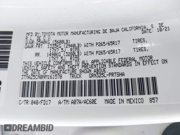 2022 Toyota Tacoma SR5 with VIN 3TMAZ5CN0NM161578, listed as a IAAI auction lot 42430201 with 39,654 mi miles and . Bid and sale history available at DreamBid. Image 9.