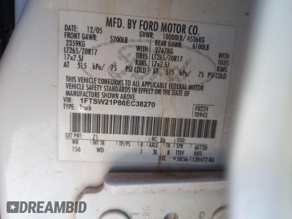 2006 Ford F-250 XL with VIN 1FTSW21P86EC38270, listed as a Copart auction lot 54608525 with 191,044 mi miles and Salvage title. Bid and sale history available at DreamBid. Image 12.