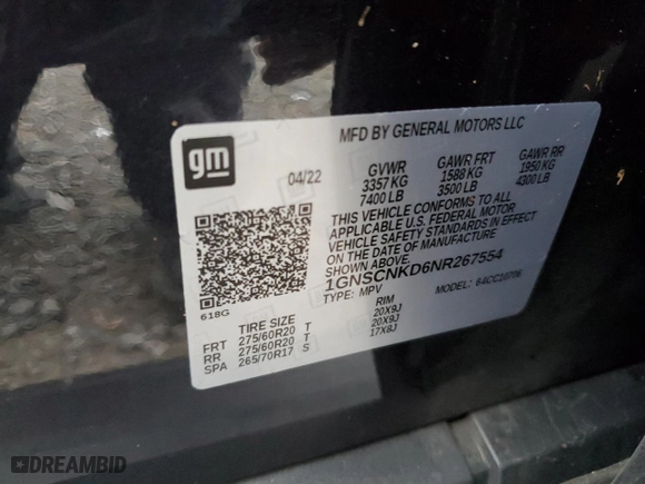2022 Chevrolet Tahoe LT with VIN 1GNSCNKD6NR267554, listed as a Copart auction lot 79760064 with 20,889 mi miles and Salvage Title. Bid and sale history available at carsss.com. Image 14.