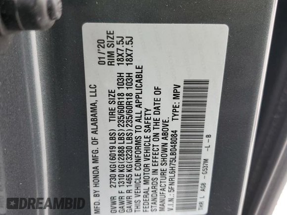 2020 Honda Odyssey EX-L с VIN 5FNRL6H75LB048084, выставлен на аукционе Copart как лот 58153425 с пробегом 47 264 миль миль и Списание • Salvage title. История ставок и продаж доступна на DreamBid. Изображение 13.