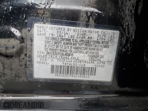 2016 Nissan Note S with VIN 3N1CE2CP5GL403815, listed as a Copart auction lot 55786765 with 122,895 mi miles and Salvage title. Bid and sale history available at DreamBid. Image 13.