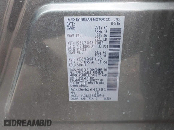2016 Nissan Pathfinder Platinum with VIN 5N1AR2MM9GC641381, listed as a IAAI auction lot 41869911 with 166,127 mi miles. Bid and sale history available at carsss.com. Image 9.