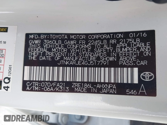 2016 Scion iM with VIN JTNKARJE4GJ517791, listed as a IAAI auction lot 41806605 with 140,956 mi miles. Bid and sale history available at carsss.com. Image 9.