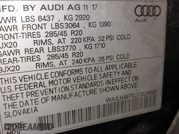 2018 Audi Q7 Premium Plus with VIN WA1LHAF70JD024688, listed as a IAAI auction lot 42567863 with 151,660 mi miles and . Bid and sale history available at DreamBid. Image 9.