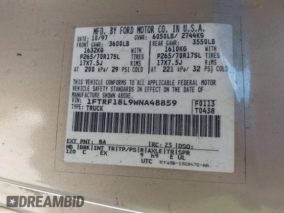 1998 Ford F-150 with VIN 1FTRF18L9WNA48859, listed as a IAAI auction lot 41287410 with Not provided miles and . Bid and sale history available at DreamBid. Image 9.