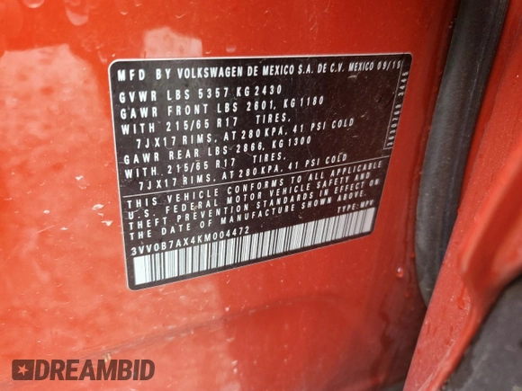 2019 Volkswagen Tiguan S with VIN 3VV0B7AX4KM004472, listed as a Copart auction lot 57987345 with Not provided miles and Salvage title. Bid and sale history available at DreamBid. Image 14.