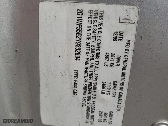 2000 Chevrolet Impala with VIN 2G1WF55E2Y9232894, listed as a Copart auction lot 48986095 with 121,136 mi miles and Salvage Title. Bid and sale history available at carsss.com. Image 14.