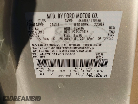 2006 Mercury Mariner Luxury с VIN 4M2YU571X6DJ08480, выставлен на аукционе IAAI как лот 41094486 с пробегом 138 138 миль миль и . История ставок и продаж доступна на DreamBid. Изображение 9.