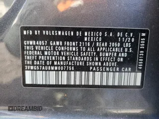2021 Volkswagen Golf TSI z VIN 3VWG57AU8MM007756, wystawiony jako Copart lot #48037885 z przebiegiem 56 452 mil mil oraz Szkoda całkowita • Salvage title. Historia ofert i sprzedaży dostępna na DreamBid. Obrazek 12.