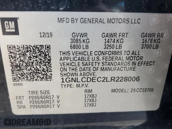 2020 Chevrolet Tahoe Commercial with VIN 1GNLCDEC2LR228006, listed as a Copart auction lot 58273615 with 121,544 mi miles and Clean title. Bid and sale history available at DreamBid. Image 13.