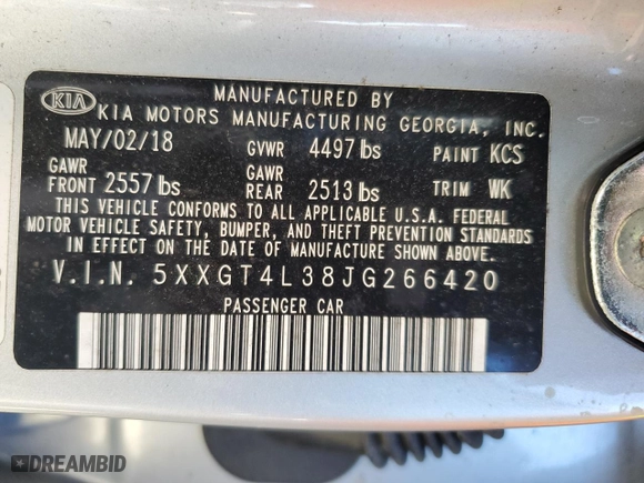 2018 Kia Optima LX with VIN 5XXGT4L38JG266420, listed as a Copart auction lot 47466495 with 45,842 mi miles and Salvage Title. Bid and sale history available at carsss.com. Image 14.