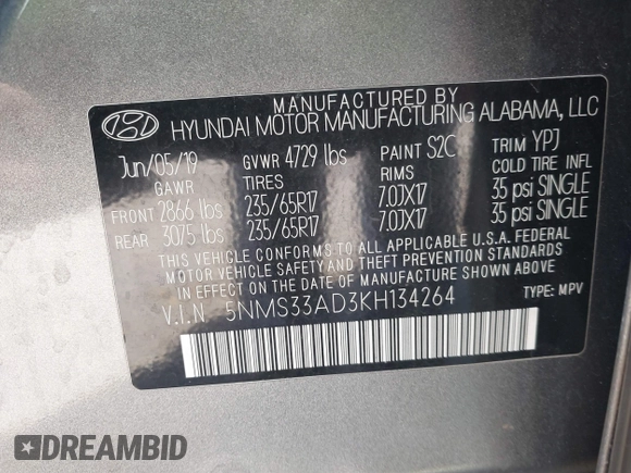 2019 Hyundai Santa Fe SEL with VIN 5NMS33AD3KH134264, listed as a IAAI auction lot 41848618 with Not Provided miles and . Bid and sale history available at DreamBid. Image 9.