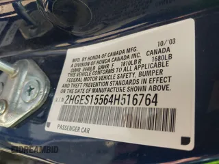 2004 Honda Civic LX with VIN 2HGES15564H516764, listed as a IAAI auction lot 42191844 with 107,000 mi miles and . Bid and sale history available at DreamBid. Image 9.