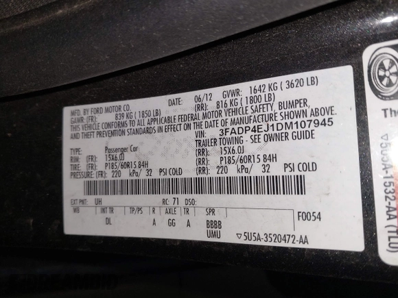 2013 Ford Fiesta SE with VIN 3FADP4EJ1DM107945, listed as a IAAI auction lot 42025064 with Not Provided miles and . Bid and sale history available at DreamBid. Image 9.