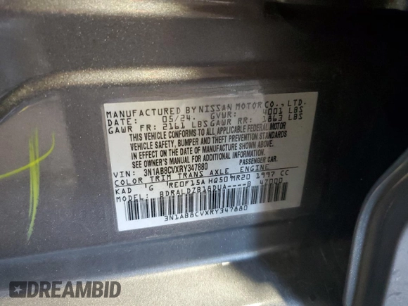 2024 Nissan Sentra SV with VIN 3N1AB8CVXRY347880, listed as a Copart auction lot 63448365 with 24,280 mi miles and Clean title. Bid and sale history available at DreamBid. Image 12.