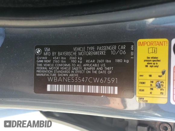 2007 BMW 5 Series 525i with VIN WBANE53547CW67591, listed as a Copart auction lot 57466285 with 178,700 mi miles and Salvage title. Bid and sale history available at DreamBid. Image 12.