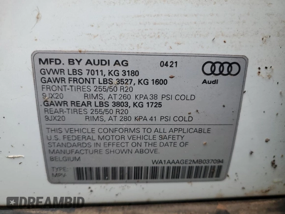 2021 Audi e-tron Premium z VIN WA1AAAGE2MB037094, wystawiony jako Copart lot #58707925 z przebiegiem Nie podano mil oraz Szkody całkowita. Historia ofert i sprzedaży dostępna na DreamBid. Obrazek 12.
