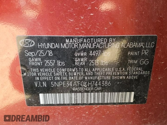 2019 Hyundai Sonata Sport with VIN 5NPE34AF0KH744386, listed as a Copart auction lot 52711795 with 77,987 mi miles and Salvage title. Bid and sale history available at DreamBid. Image 13.