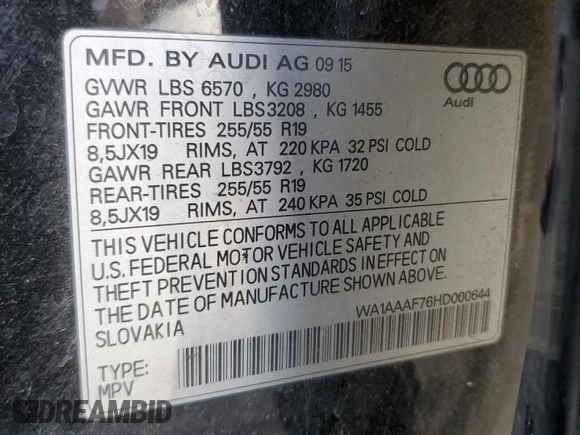 2017 Audi Q7 Premium с VIN WA1AAAF76HD000644, выставлен на аукционе Copart как лот 54451185 с пробегом 85 879 миль миль и Списание • Salvage title. История ставок и продаж доступна на DreamBid. Изображение 13.