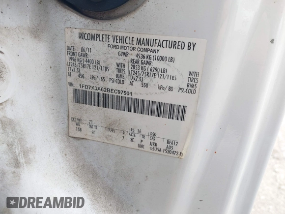 2011 Ford F-350 XL with VIN 1FD7X3A62BEC97501, listed as a IAAI auction lot 42223063 with 171,111 mi miles and . Bid and sale history available at DreamBid. Image 9.