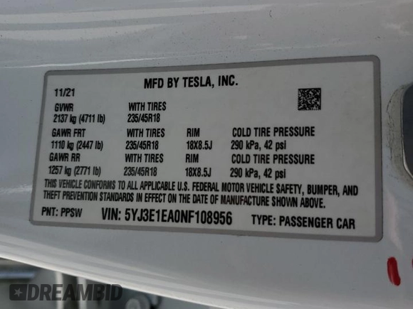 2022 Tesla Model 3 with VIN 5YJ3E1EA0NF108956, listed as a Copart auction lot 50066235 with 35,180 mi miles and Non Repairable. Bid and sale history available at DreamBid. Image 12.