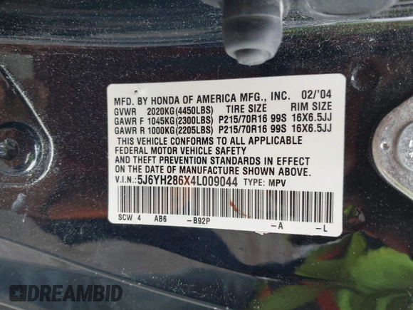 2004 Honda Element EX with VIN 5J6YH286X4L009044, listed as a IAAI auction lot 42020272 with 158,967 mi miles and . Bid and sale history available at DreamBid. Image 9.
