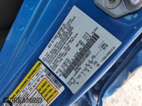 2020 Ford Fusion SE with VIN 3FA6P0HD5LR168627, listed as a Copart auction lot 50019085 with 36,537 mi miles and Salvage Title. Bid and sale history available at DreamBid. Image 12.