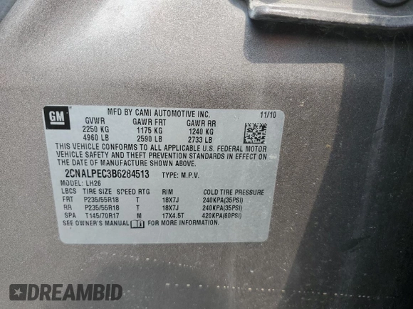 2011 Chevrolet Equinox 2LT z VIN 2CNALPEC3B6284513, wystawiony jako Copart lot #60648615 z przebiegiem 174 799 mil mil oraz Czysty tytuł • Clean title. Historia ofert i sprzedaży dostępna na DreamBid. Obrazek 13.