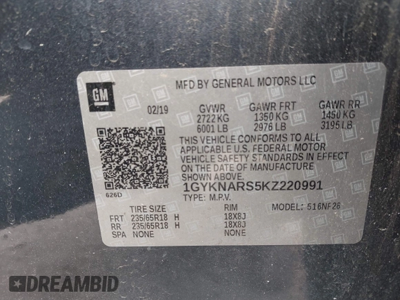 2019 Cadillac XT5 FWD with VIN 1GYKNARS5KZ220991, listed as a IAAI auction lot 41838908 with 75,730 mi miles and . Bid and sale history available at DreamBid. Image 7.
