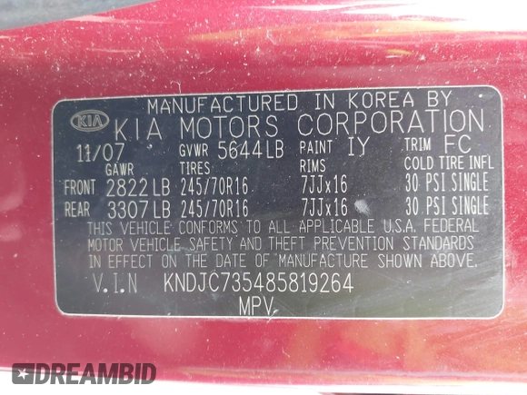 2008 Kia Sorento LX z VIN KNDJC735485819264, wystawiony jako IAAI lot #42193882 z przebiegiem 165 377 mil mil oraz . Historia ofert i sprzedaży dostępna na DreamBid. Obrazek 9.