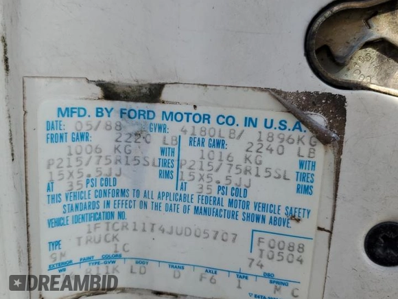 1988 Ford Ranger with VIN 1FTCR11T4JUD05707, listed as a Copart auction lot 78022594 with 92,745 mi miles and Salvage Title. Bid and sale history available at DreamBid. Image 12.