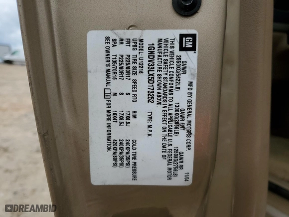 2005 Chevrolet Uplander LT with VIN 1GNDV33LX5D173252, listed as a Copart auction lot 83645564 with 151,766 mi miles and Non Repairable. Bid and sale history available at carsss.com. Image 15.