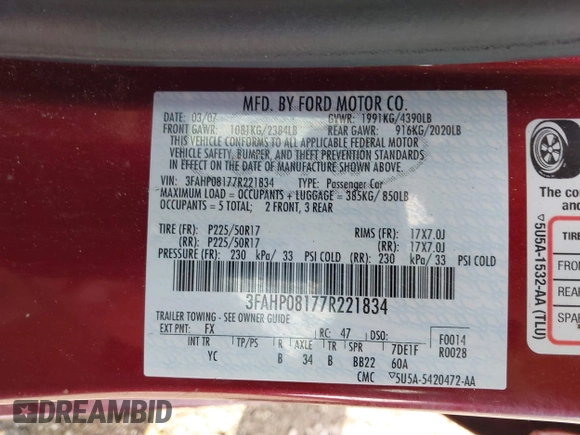 2007 Ford Fusion SEL with VIN 3FAHP08177R221834, listed as a IAAI auction lot 41670518 with 171,408 mi miles. Bid and sale history available at carsss.com. Image 9.