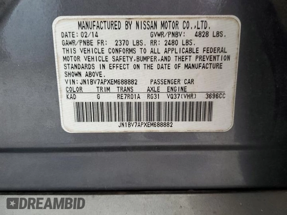 2014 Infiniti Q50 Premium with VIN JN1BV7APXEM688882, listed as a Copart auction lot 60543615 with 194,565 mi miles and Non repairable. Bid and sale history available at DreamBid. Image 13.