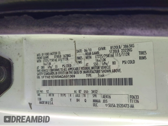 2010 Ford Econoline Cargo Commercial with VIN 1FTNE1EW0ADA91369, listed as a IAAI auction lot 41700236 with Not provided miles and . Bid and sale history available at DreamBid. Image 9.