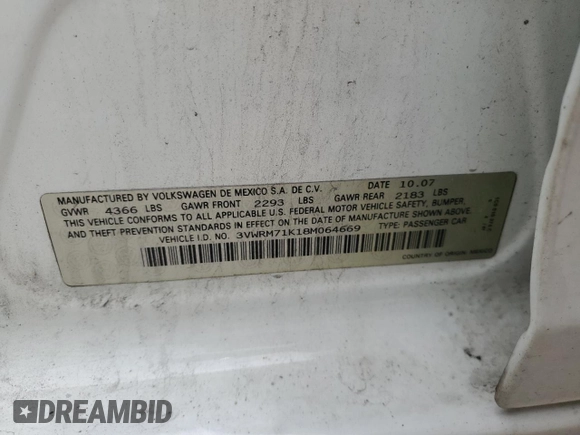 2008 Volkswagen Jetta SE with VIN 3VWRM71K18M064669, listed as a Copart auction lot 59587525 with 118,065 mi miles and Salvage title. Bid and sale history available at DreamBid. Image 12.