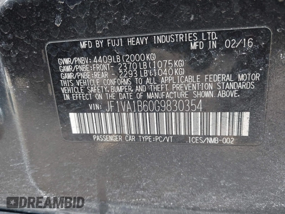2016 Subaru WRX with VIN JF1VA1B60G9830354, listed as a IAAI auction lot 41432493 with 135,475 mi miles. Bid and sale history available at carsss.com. Image 8.