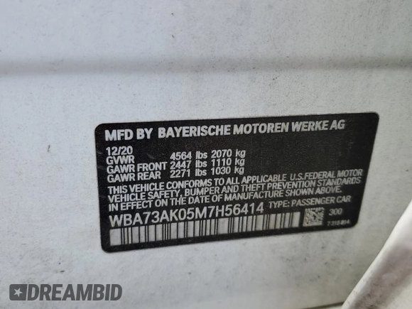 2021 BMW 2 Series 228i xDrive with VIN WBA73AK05M7H56414, listed as a Copart auction lot 54107415 with 89,614 mi miles and Salvage title. Bid and sale history available at DreamBid. Image 12.